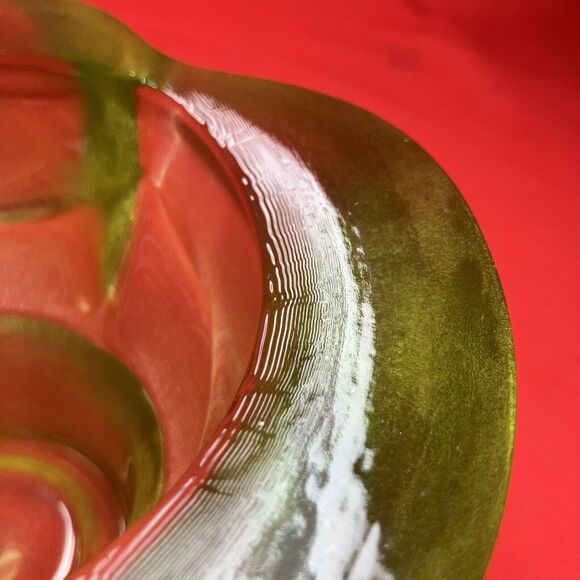 Vintage MCM Glass Bowl / Pedestal / Heavy / Green Clover / Iridescent / Flaw - Picture 7 of 13